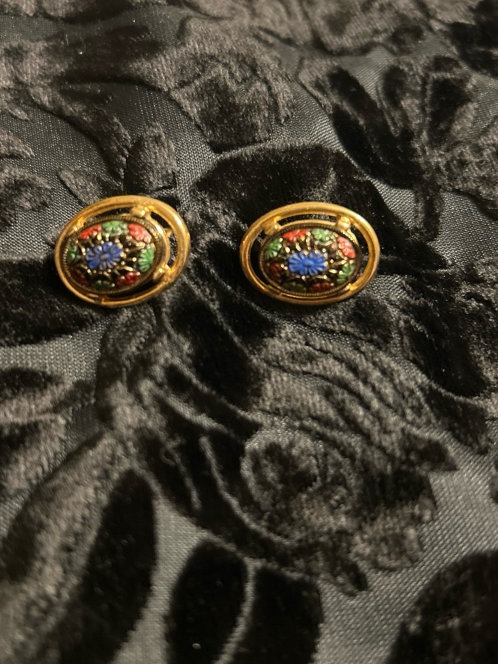 Sarah Coventry Gold-Tone Floral Micro Mosaic Earrings - Blue, Green & Red